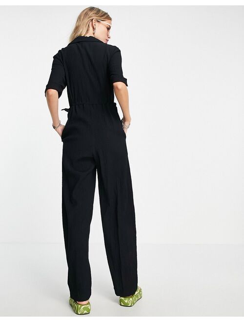 Topshop textured button through drawstring jumpsuit in black