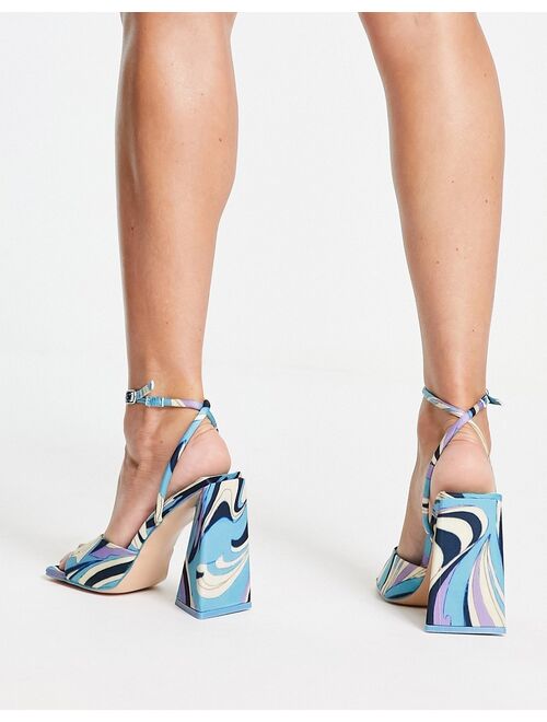 Public Desire Eagle pyramid heel sandals with ankle strap in blue print