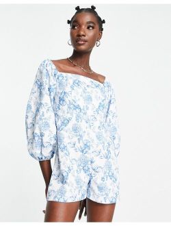floral puff sleeve romper in light blue