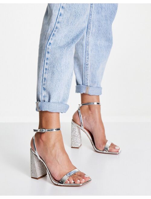 ASOS DESIGN Nora embellished block heel barely there heeled sandals in silver