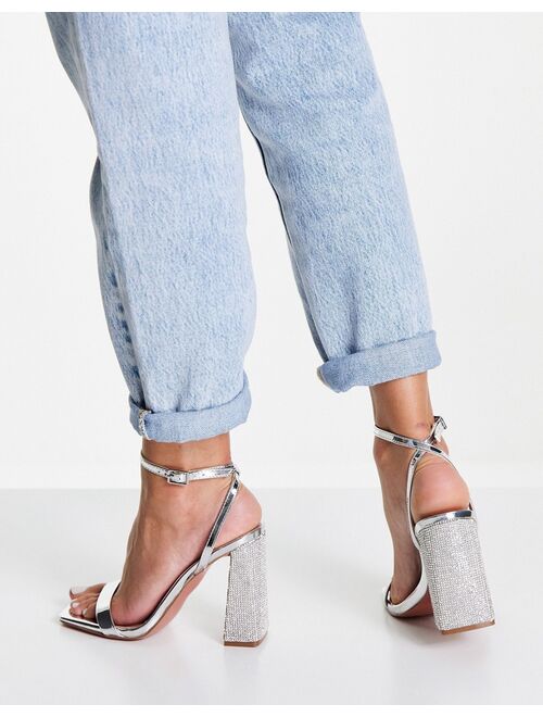 ASOS DESIGN Nora embellished block heel barely there heeled sandals in silver