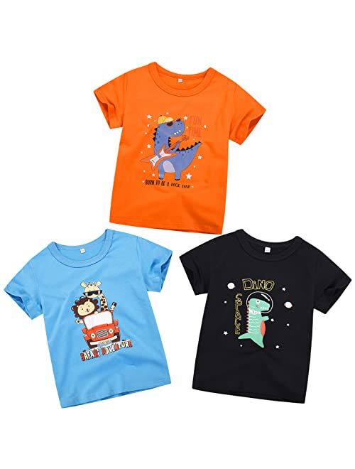 DEEKEY Toddler Little Boys 3-Pack Outfit Crew Neck Short Sleeve T-Shirts with Chest Print Top Tee Size 1-7 Soft Cotton Years
