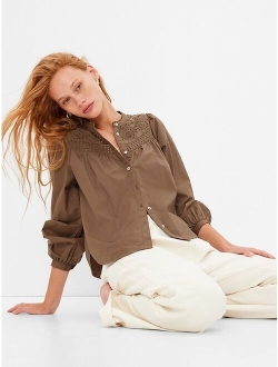 Eyelet Puff Sleeve Relaxed Fit Shirt
