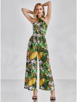 X SWINGING 60'S Tropical Print Crisscross Halter Neck Backless Culotte Jumpsuit