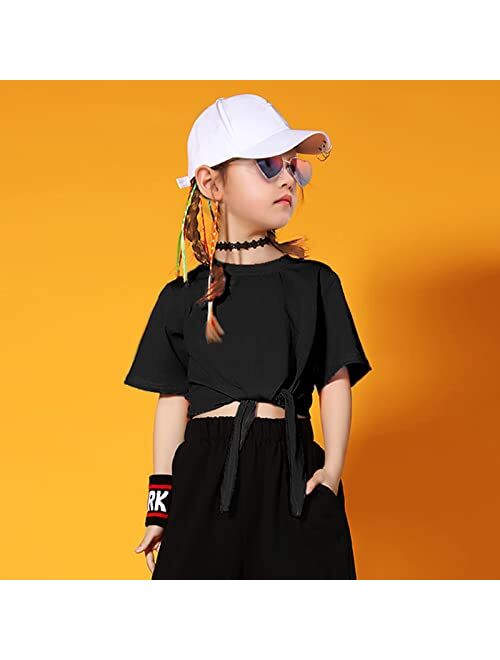 QianSiLi Girls Casual Crew Neck Tops Short Sleeve Solid Color Tie Strap Loose Soft Crop Tops T-Shirts for 7-12 Years