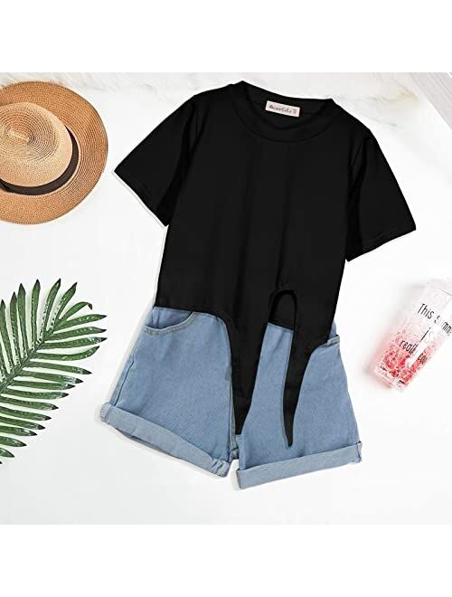 QianSiLi Girls Casual Crew Neck Tops Short Sleeve Solid Color Tie Strap Loose Soft Crop Tops T-Shirts for 7-12 Years