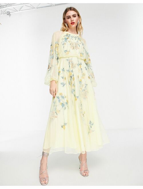 ASOS EDITION floral embroidered mesh midi dress with blouson sleeves in lemon