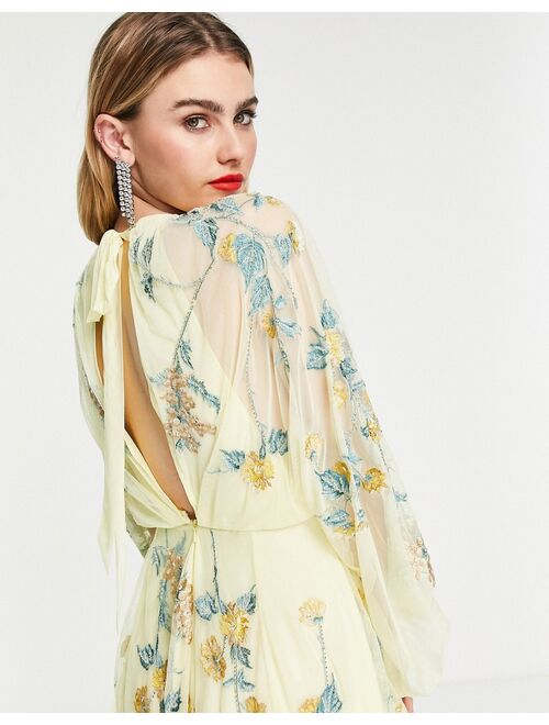 ASOS EDITION floral embroidered mesh midi dress with blouson sleeves in lemon