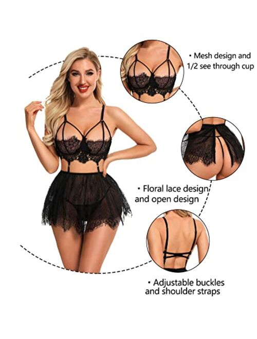 RSLOVE Lingerie for Women Lace Babydoll Chemise Sexy High Waisted Nightdress Sleepwear Set