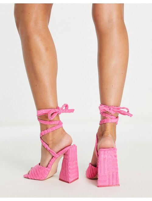 Public Desire Wide Fit Mojito tie-up block heel sandals in pink terry