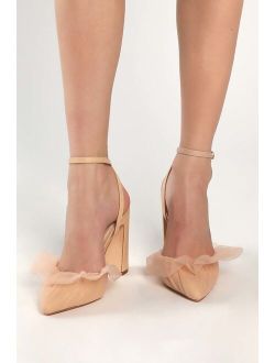Kyliee Light Nude Tulle Ankle Strap Pointed-Toe Pumps