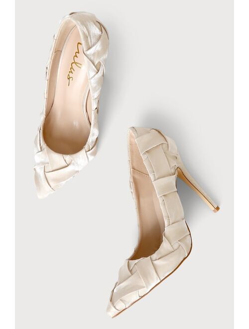 Lulus Lomu Light Nude Satin Woven Pointed-Toe Pumps