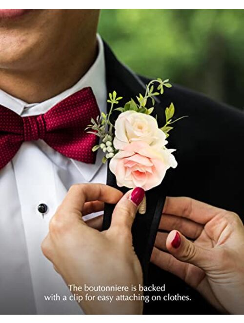 Ndeno Ivory Rose Wrist Corsage and Boutonniere Set Artificial Men Corsage Wristlet Band Bracelet for White Wedding Flowers Ceremony Accessories Prom Suit Decorations (2, 