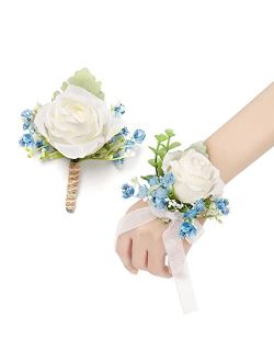 YSUCAU White Rose Corsage and Men Boutonniere Set for Wedding Ivory Corsages Wristlet Band Bracelet for Wedding Mother of Bride and Groom, Prom Flowers