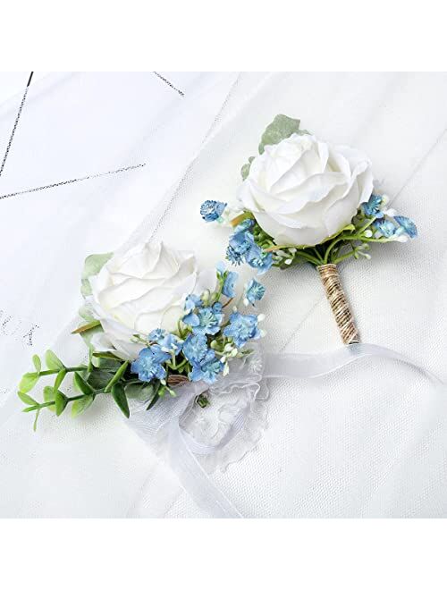 YSUCAU White Rose Corsage and Men Boutonniere Set for Wedding Ivory Corsages Wristlet Band Bracelet for Wedding Mother of Bride and Groom, Prom Flowers