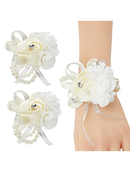 Meldel Beige Wrist Corsage for Prom, 2pcs Champagne Rose Flower Corsages for Bridal Bridesmaid Girl Women, Wrist Flower Set for Wedding Mother of Bride, Hand Flower for H