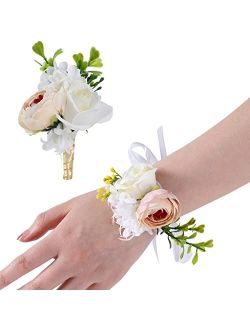 Spirit Up Art Set of 4 Faux Champagne Peony Wedding Corsage and Boutonniere Set, Bride Girls Ivory White Artificial Rose Wrist Corsages Handmade Ribbon Flowers Groom Groo