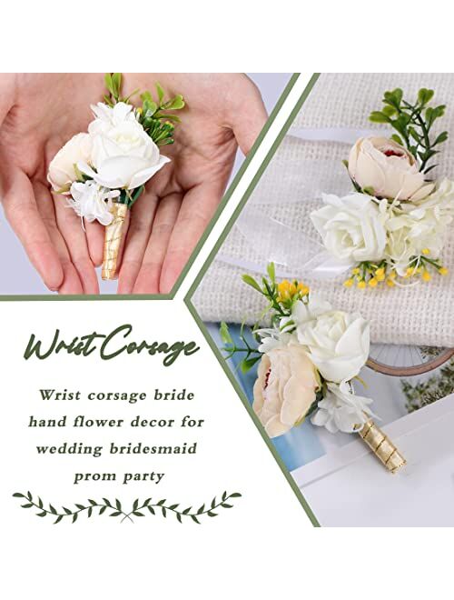 Spirit Up Art Set of 4 Faux Champagne Peony Wedding Corsage and Boutonniere Set, Bride Girls Ivory White Artificial Rose Wrist Corsages Handmade Ribbon Flowers Groom Groo