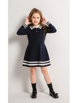 SMILING PINKER Girls Uniform Dresses Long Sleeve School Polo Striped Knit Sweater Dress