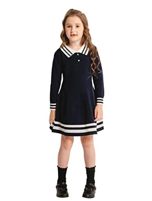 SMILING PINKER Girls Uniform Dresses Long Sleeve School Polo Striped Knit Sweater Dress