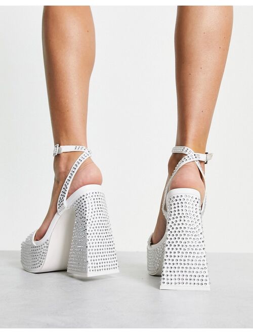 Public Desire Raquel platform rhinestone sandals with flare heel in white
