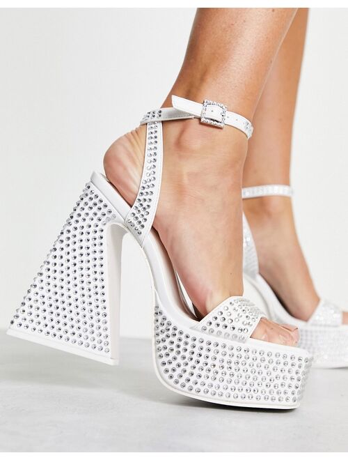 Public Desire Raquel platform rhinestone sandals with flare heel in white
