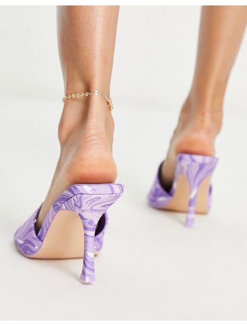 Public Desire Swirl It heeled mule sandals in lilac swirl print