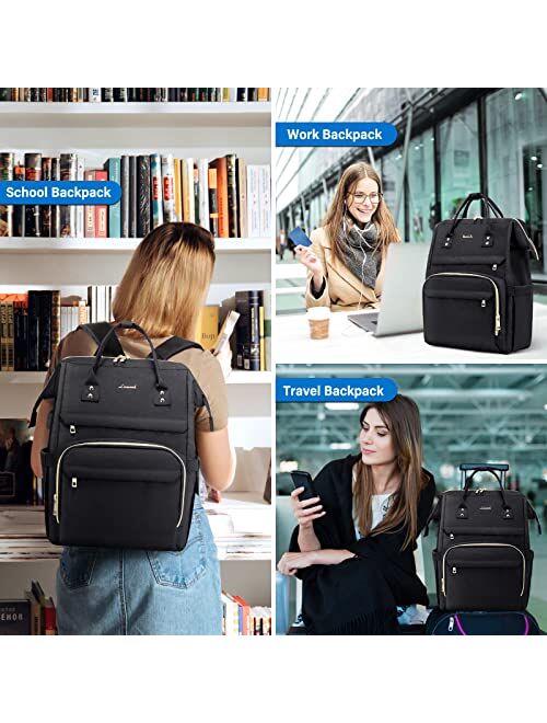 LOVEVOOK Laptop Backpack Women Teacher Backpack Nurse Bags, 15.6 Inch Womens Work Backpack Purse Waterproof Anti-theft Travel Back Pack with USB Charging Port (Black-Thic