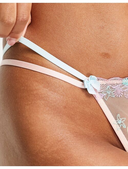 ASOS DESIGN Shelly lace tanga thong in peach and blue