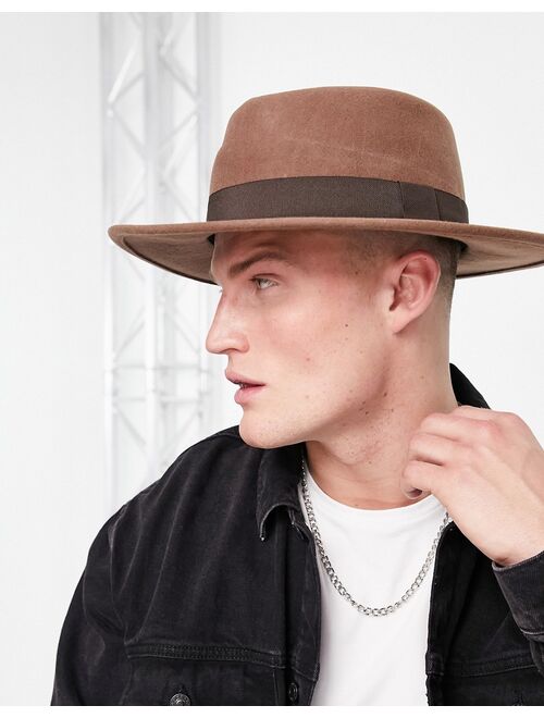 ASOS DESIGN wool wide brim pork pie hat in camel with band and size adjuster