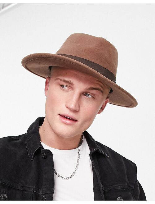 ASOS DESIGN wool wide brim pork pie hat in camel with band and size adjuster