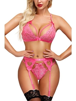 Aranmei Lingerie for Women 4 Piece Lingerie Set with Garter Belt and Stockings Bra and Panty Sets Sexy Lace Bodydoll Lingerie