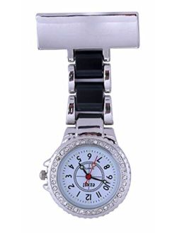 Censi Unisex Silver Nurse Pocket FOB Watch Diamante Bezel Tunic Brooch Analog Display Japanese Quartz with Black Strap Censi-Unisex