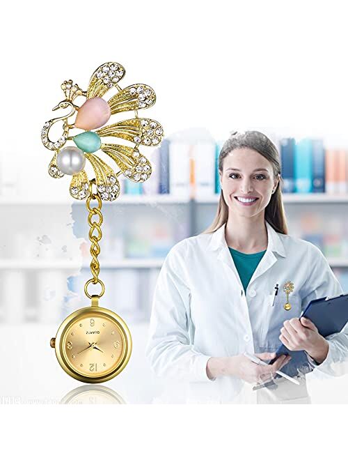 Avaner Nurse Fob Watch Rhinestone Gold Pin-on Brooch Watch Hanging Stainless Steel Lapel Watch for Women