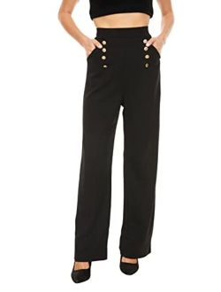ACCOMSOUL Womens High Waisted Wide Leg Pants with Double Breasted Elastic Waistband Casual Work Pants with Pockets