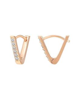 14K Gold Plated Sterling Silver Post V-Shaped Huggie Earrings - Cubic Zirconia Studded Small Hoop Earrings for Women in Rose Gold, White Gold and Yellow Gold Platin