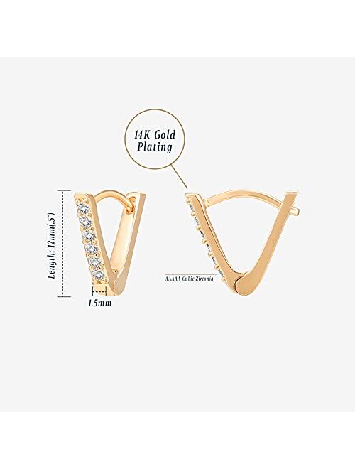 PAVOI 14K Gold Plated Sterling Silver Post V-Shaped Huggie Earrings - Cubic Zirconia Studded Small Hoop Earrings for Women in Rose Gold, White Gold and Yellow Gold Platin