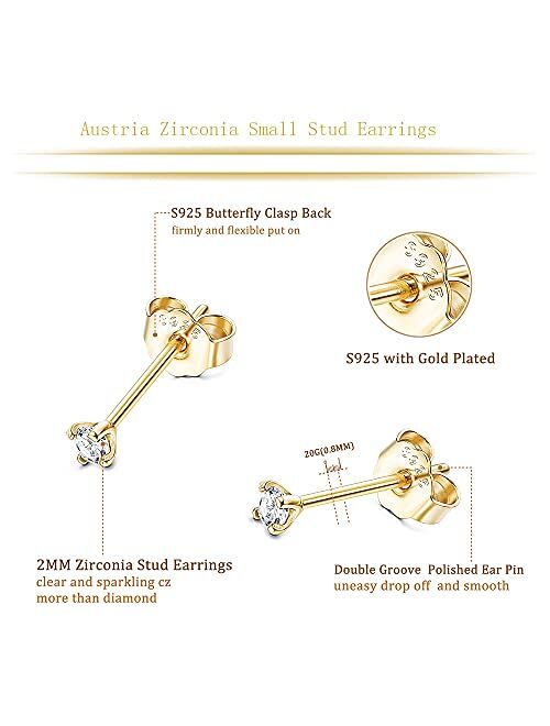 Sllaiss 2mm Sterling Silver Austria Zirconia Stud Earrings for Women Men, Platinum/ Gold/ Rose Gold Plated Tiny CZ Studs