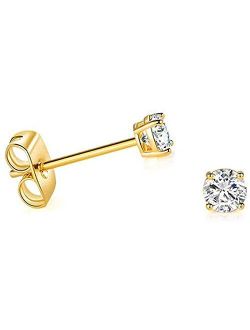 Art And Molly Solid 14k Yellow Gold Solitaire Round Cubic Zirconia CZ Stud Earrings with 14k Gold Butterfly Push Backings