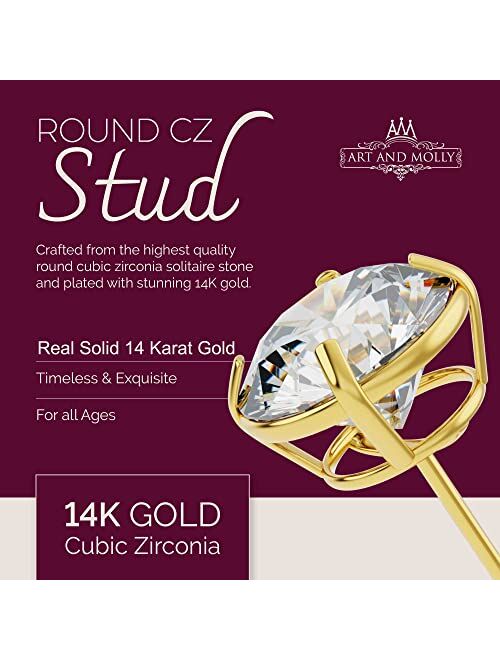 Art And Molly Solid 14k Yellow Gold Solitaire Round Cubic Zirconia CZ Stud Earrings with 14k Gold Butterfly Push Backings
