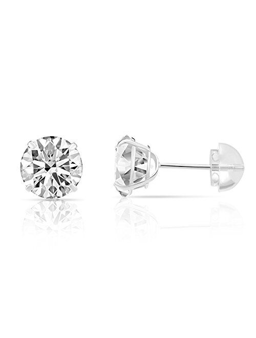 Tilo Jewelry 14k White Gold Solitaire Round Cubic Zirconia Stud Earrings with Silicone Pushbacks
