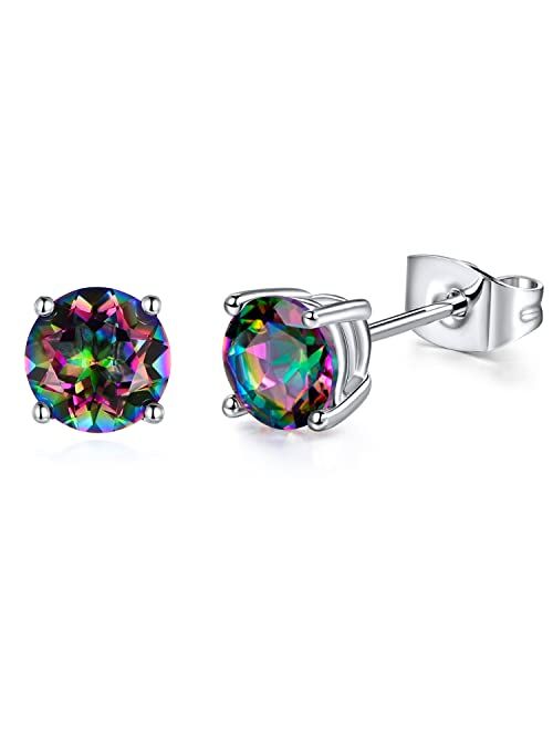 Voluka Women and Men 18K White Gold Plated Created Rainbow Quartz CZ Round/Square Stud Earrings Hypoallergenic for Sensitive Ears Jewelry Gifts
