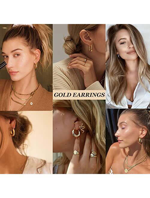 17km 6 Pairs Gold Chunky Hoop Earrings Set for Women Hypoallergenic Thick Open Twisted Huggie Hoop Jewelry for Birthday/Christmas Gifts