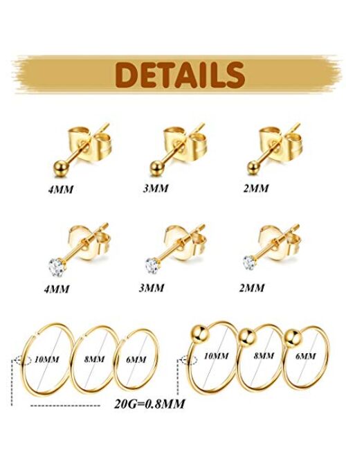 Jstyle 18 Pairs 20G Stainless Steel Tiny Stud Earrings For Womens Hoops Earrings Set Tragus Cartilage Piercing Jewelry
