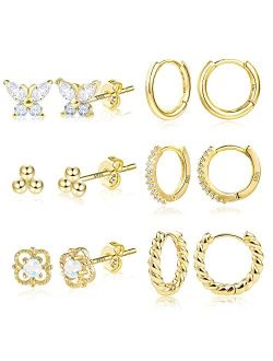 ALEXCRAFT Gold Hoop Earrings, Cubic Zirconia Stud Earrings and Hoops Set, 14K Gold Plated Chunky Hoop Earrings Small Huggie Earrings for Women Girls Men