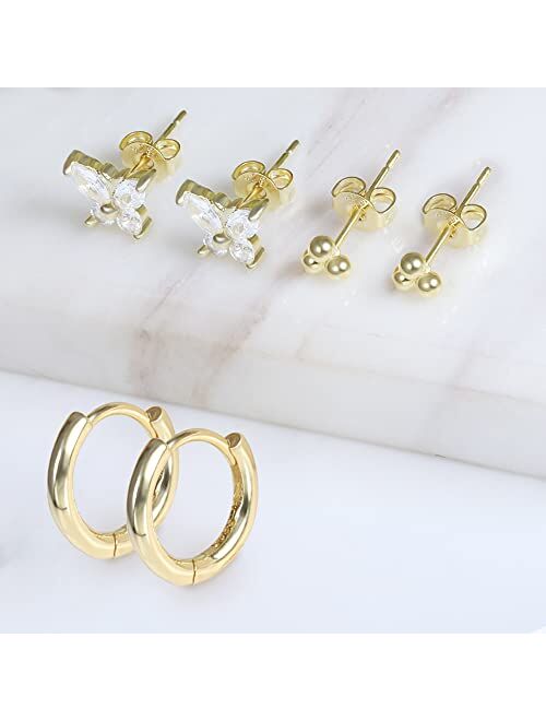 ALEXCRAFT Gold Hoop Earrings, Cubic Zirconia Stud Earrings and Hoops Set, 14K Gold Plated Chunky Hoop Earrings Small Huggie Earrings for Women Girls Men