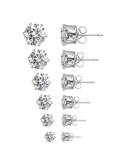 Anmao 6 Pairs Stud Earrings Set,Clear Cubic Zirconia 316L Stainless Steel Earrings for Women for Men 3-8mm