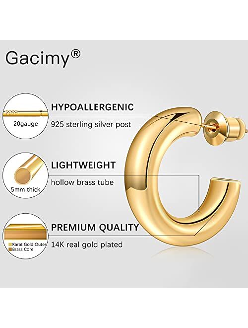 Gacimy Chunky Gold Hoop Earrings for Women 14K Real Gold Plated, 925 Sterling Silver Post Gold Hoops for Women