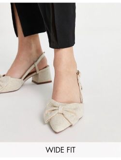 Wide Fit Suzy bow slingback mid heeled shoes in natural