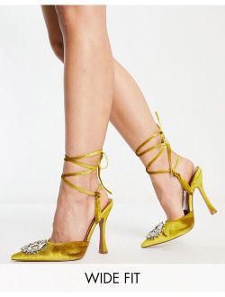 Wide Fit Percy embellished tie leg high heeled shoes in ochre